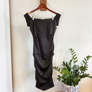 Stretch satin off the shoulder dress